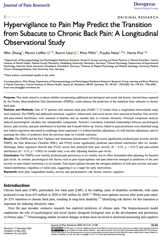 Hypervigilance to Pain May Predict the Transition from Subacute to Chronic Back Pain: A Longitudinal Observational Study