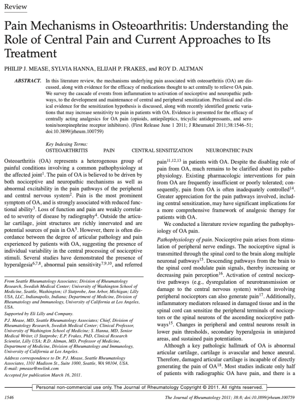 Pain Mechanisms in Osteoarthritis: Understanding the Role of Central Pain and Current Approaches to Its Treatment