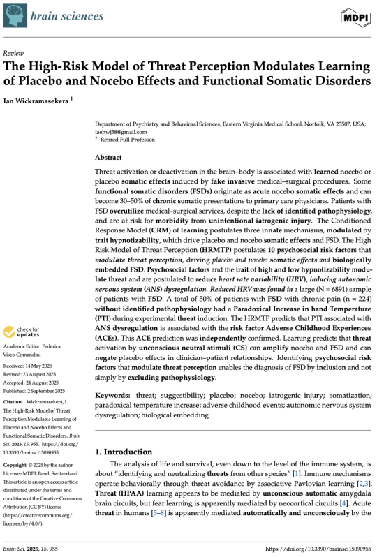 The High-Risk Model of Threat Perception Modulates Learning of Placebo and Nocebo Effects and Functional Somatic Disorders