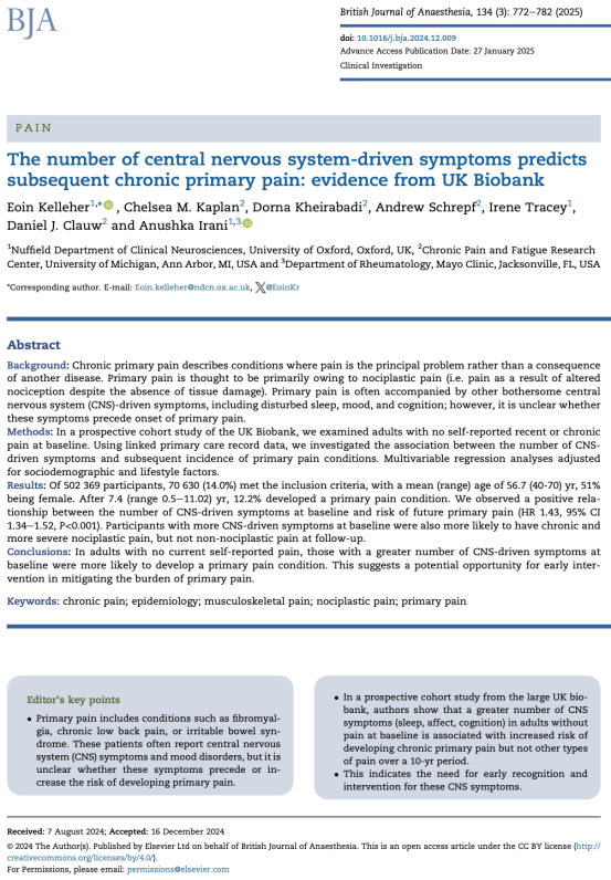 The number of central nervous system-driven symptoms predicts subsequent chronic primary pain: evidence from UK Biobank