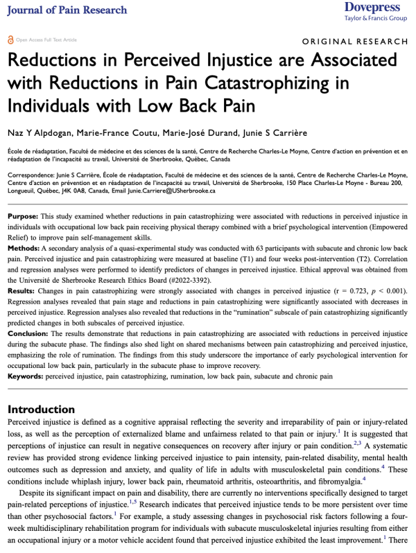 Reductions in Perceived Injustice are Associated with Reductions in Pain Catastrophizing in Individuals with Low Back Pain