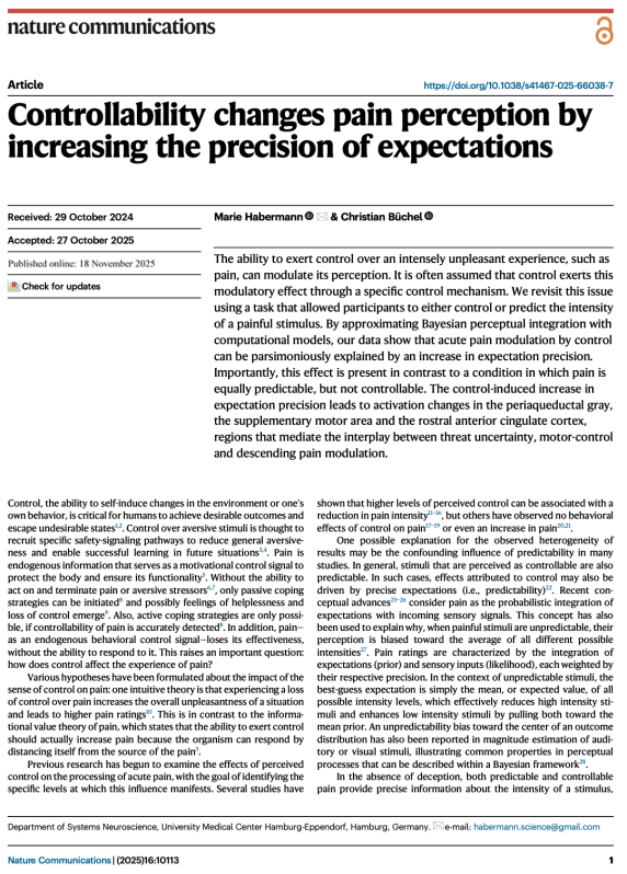 Controllability changes pain perception by increasing the precision of expectations