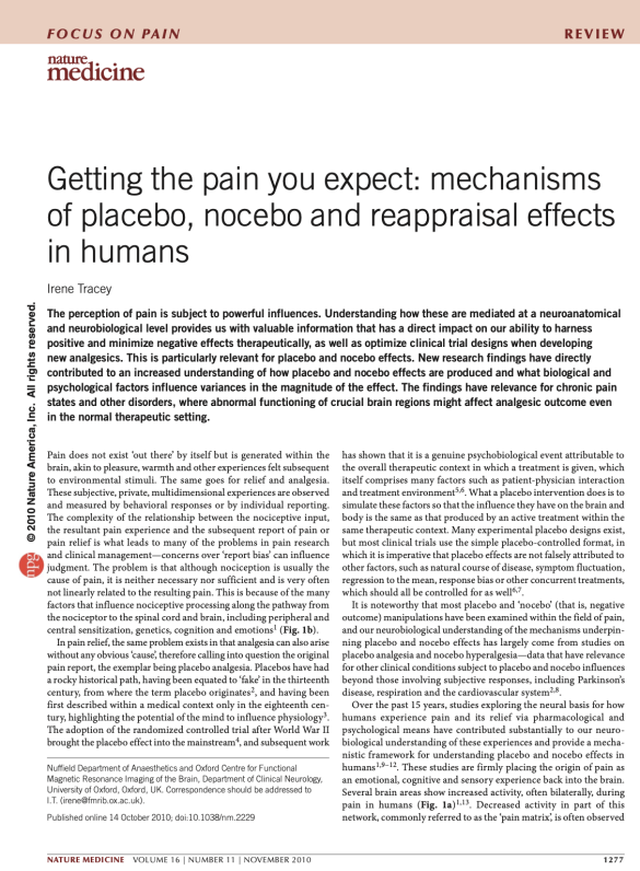 Getting the pain you expect: mechanisms of placebo, nocebo and reappraisal effects in humans