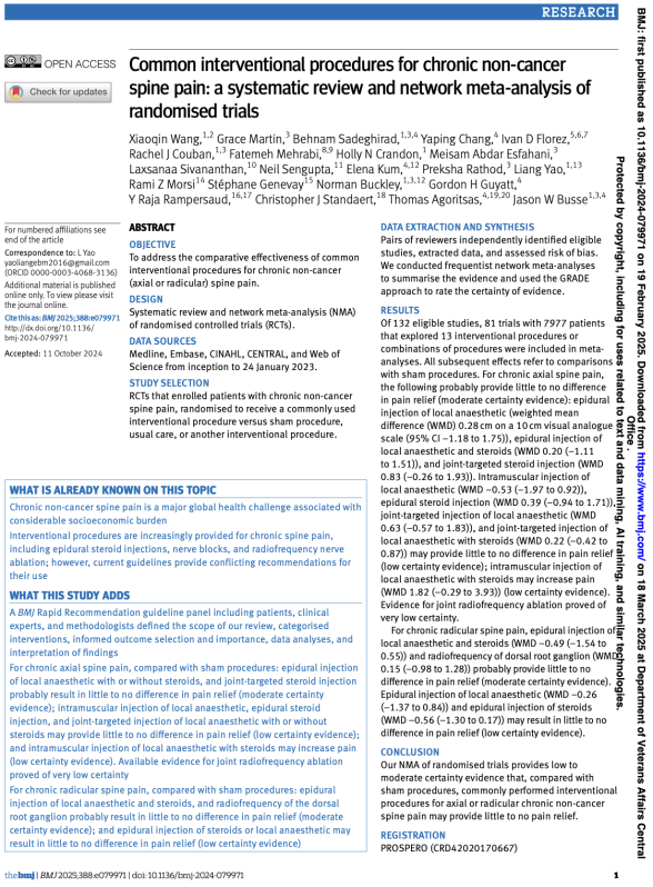 Common interventional procedures for chronic non-cancer spine pain: a systematic review and network meta-analysis of randomised trials